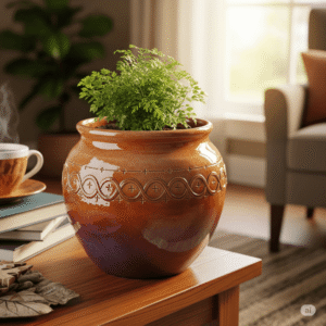 A finished, beautiful, and resilient clay pot, glazed and shining