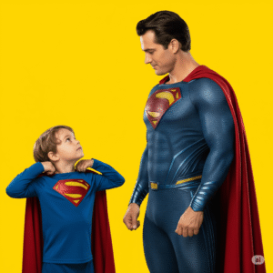 Small Superman looking up to Superman - Parents being good models to their parents as God expects